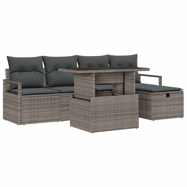 vidaXL Garten-Sofa-Set mit Kissen mit Speicher 6 pcs Grau Poly Rattan