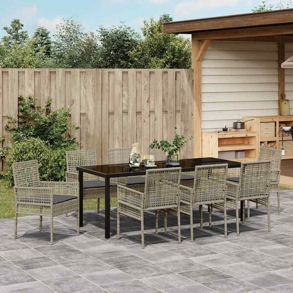 vidaXL Garten Essgruppe mit Kissen 9 pcs Hellgrau Poly-Rattan
