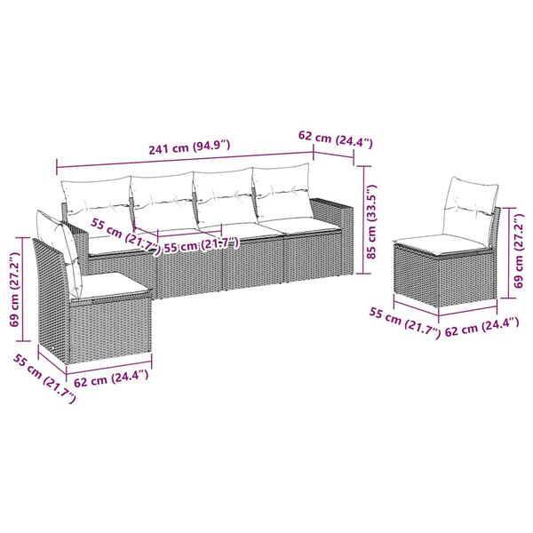 vidaXL 6-tlg. Garten-Sofagarnitur mit Kissen Schwarz Poly Rattan