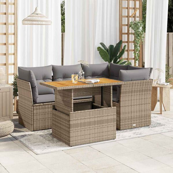 vidaXL 5-tlg. Garten-Sofagarnitur mit Kissen Beige Poly Rattan