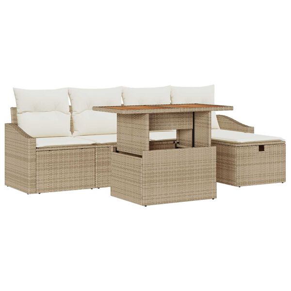 vidaXL Garten-Sofa-Set mit Kissen mit Speicher 6 pcs Beige Poly Rattan