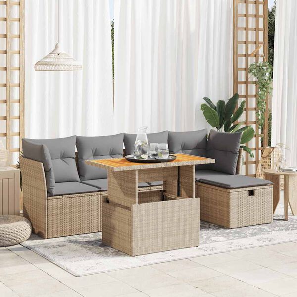 vidaXL 6-tlg. Garten-Sofagarnitur mit Kissen Beige Poly Rattan Akazie