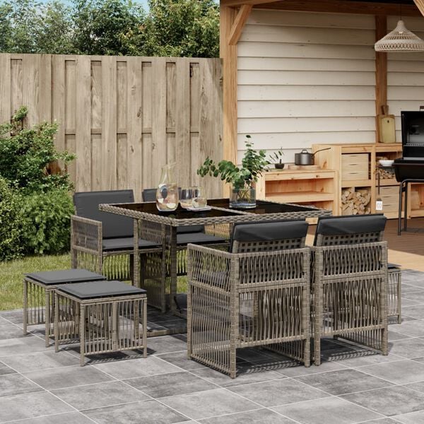 vidaXL 9-tlg. Garten-Essgruppe mit Kissen Grau Poly Rattan
