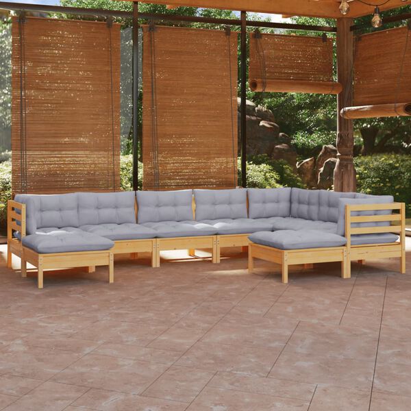 vidaXL 9-tlg. Garten-Lounge-Set mit Grauen Kissen Kiefer Massivholz