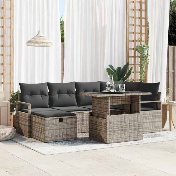 vidaXL Garten-Sofa-Set mit Kissen mit Speicher 7 pcs Grau Poly Rattan