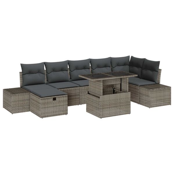 vidaXL Garten-Sofa-Set mit Kissen mit Speicher 8 pcs Grau Poly Rattan