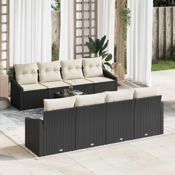 vidaXL Sofa Set mit Kissen 7 pcs Schwarz und Creme Poly-Rattan
