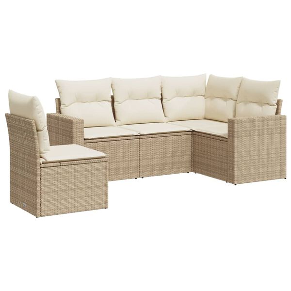vidaXL 5-tlg. Garten-Sofagarnitur mit Kissen Beige Poly Rattan