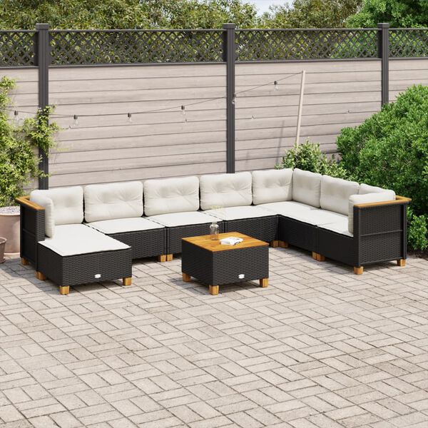 vidaXL 9-tlg. Garten-Sofagarnitur mit Kissen Schwarz Poly Rattan
