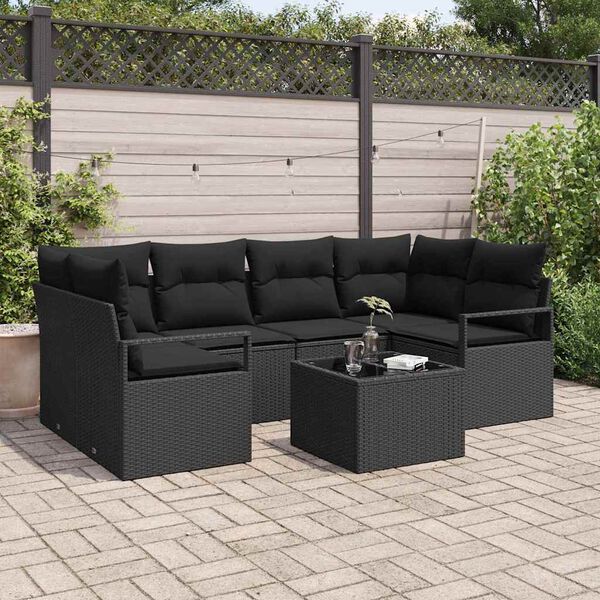 vidaXL Sofa Set mit Kissen 7 pcs Schwarz Poly Rattan