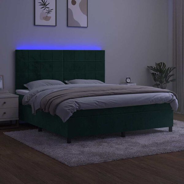 vidaXL Boxspringbett mit Matratze & LED Dunkelgr&uuml;n 180x200 cm Samt