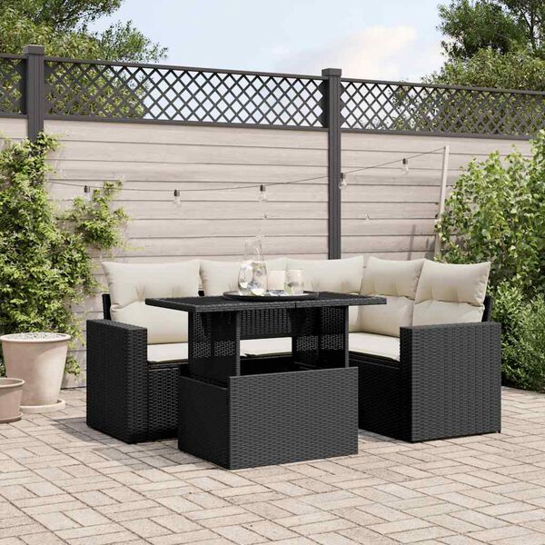 vidaXL 5-tlg. Garten-Sofagarnitur mit Kissen Schwarz Poly Rattan