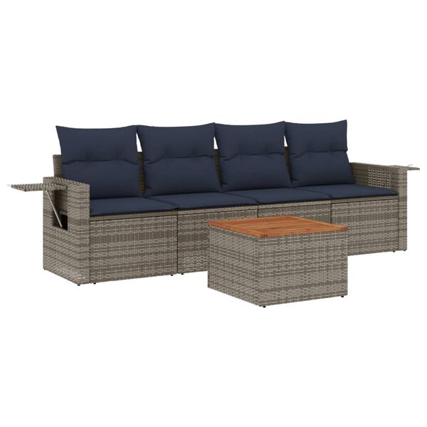 vidaXL 5-teiliges Gartensofa-Set mit Kissen, grau, Polyrattan
