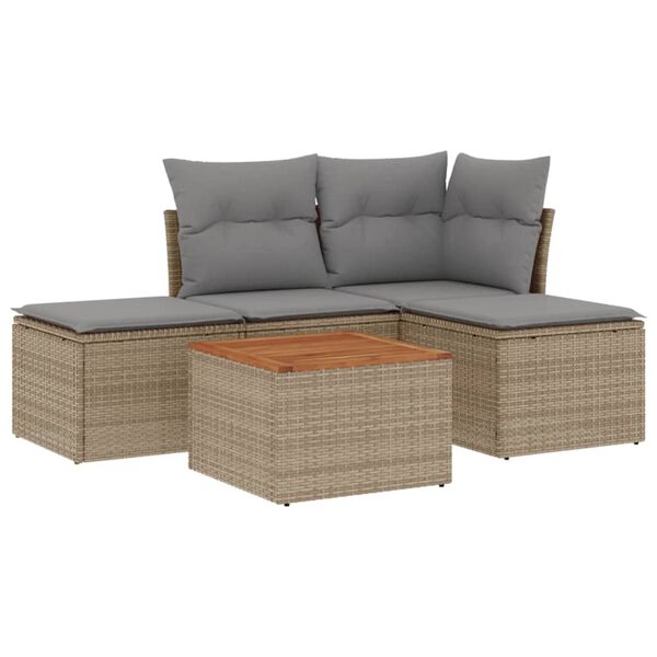 vidaXL 5-tlg. Garten-Sofagarnitur mit Kissen Beige Poly Rattan