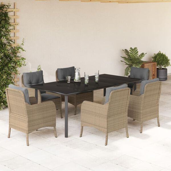 vidaXL 7-tlg. Garten-Essgruppe mit Kissen Beige Poly Rattan