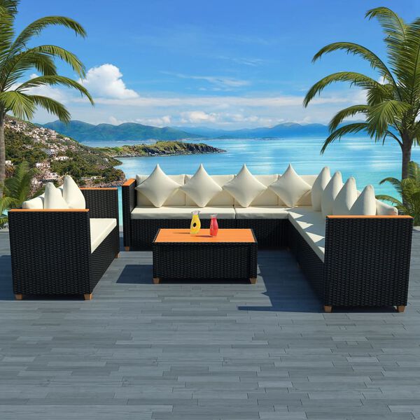 vidaXL 6-tlg. Garten-Lounge-Set mit Auflagen Poly Rattan Schwarz
