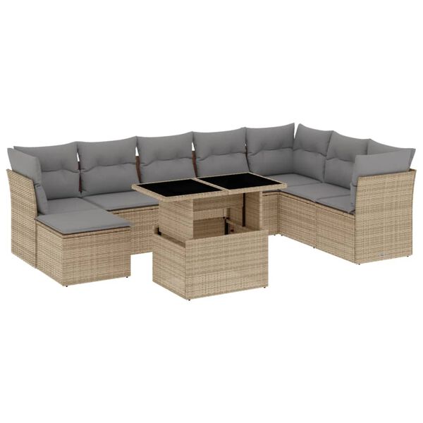vidaXL 9-tlg. Garten-Sofagarnitur mit Kissen Beige Poly Rattan