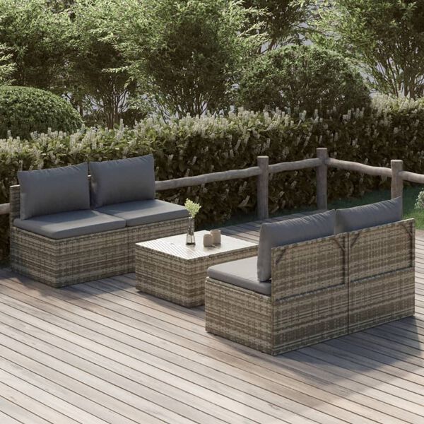 vidaXL 5-tlg. Garten-Lounge-Set mit Kissen Grau Poly Rattan
