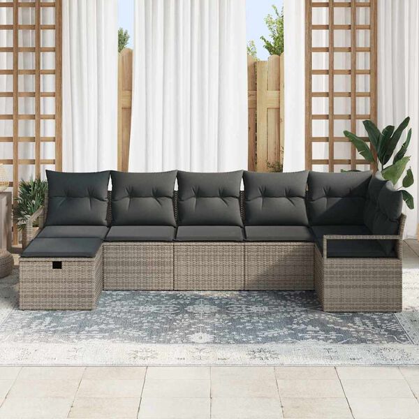 vidaXL Sofa Set mit Kissen mit Speicher 7 pcs Grau Poly-Rattan