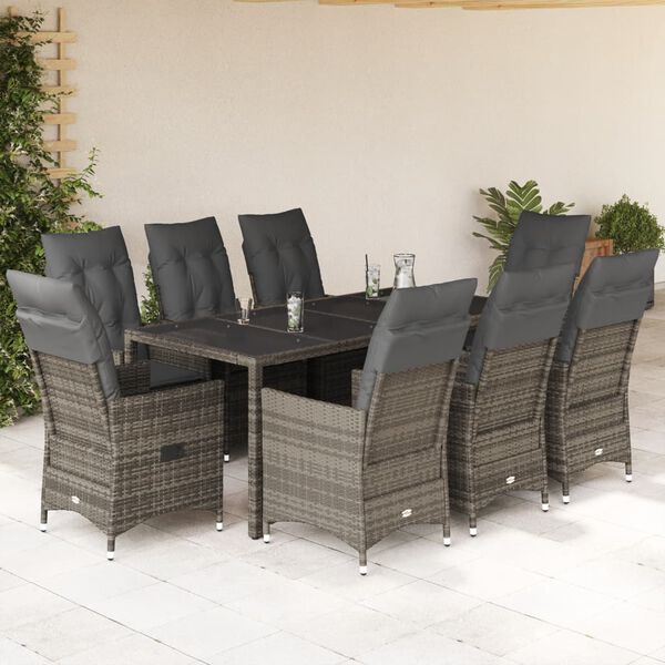 vidaXL 9-tlg. Garten-Essgruppe mit Kissen Grau Poly Rattan