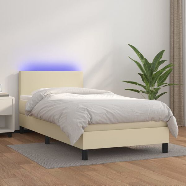 vidaXL Boxspringbett mit Matratze & LED Creme 90x200 cm Kunstleder