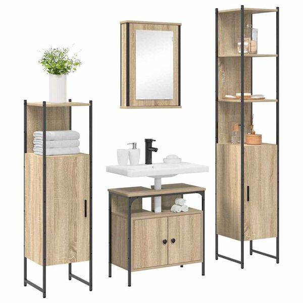 vidaXL Badezimmerm&ouml;bel-Set mit Regal 4 pcs Sonoma-Eiche Holzwerkstoff