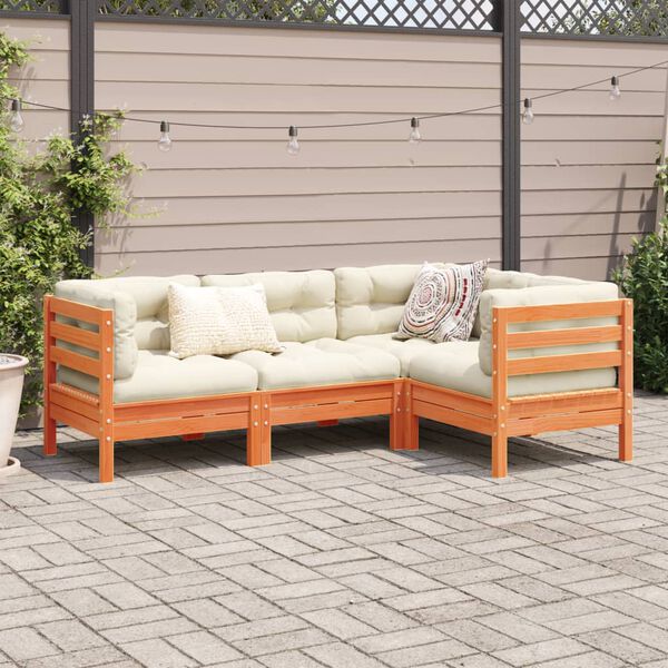 vidaXL 4-tlg. Garten-Sofagarnitur mit Kissen Wachsbraun Kiefernholz