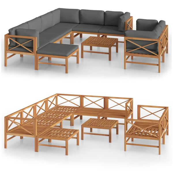 vidaXL 10-tlg. Garten-Lounge-Set mit Grauen Kissen Massivholz Teak