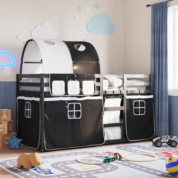 vidaXL Etagenbett mit Vorh&auml;ngen Wei&szlig; Schwarz 90x200 cm Kiefernholz