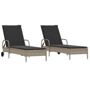vidaXL Sonnenliegen mit Auflagen 2 Stk. Hellgrau Poly Rattan