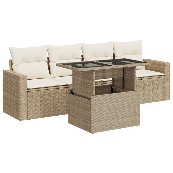 vidaXL 5-tlg. Garten-Sofagarnitur mit Kissen Beige Poly Rattan