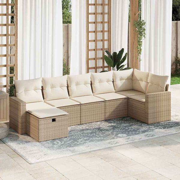 vidaXL 7-tlg. Garten-Sofagarnitur mit Kissen Beige Poly Rattan