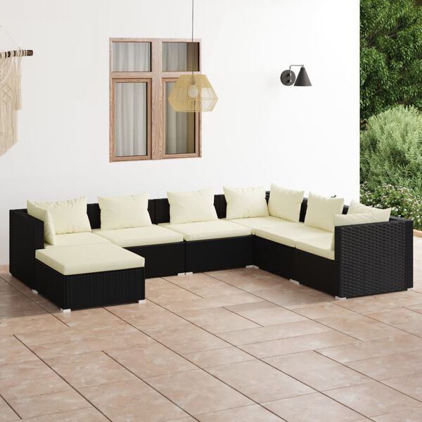 vidaXL 7-tlg. Garten-Lounge-Set mit Kissen Poly Rattan Schwarz