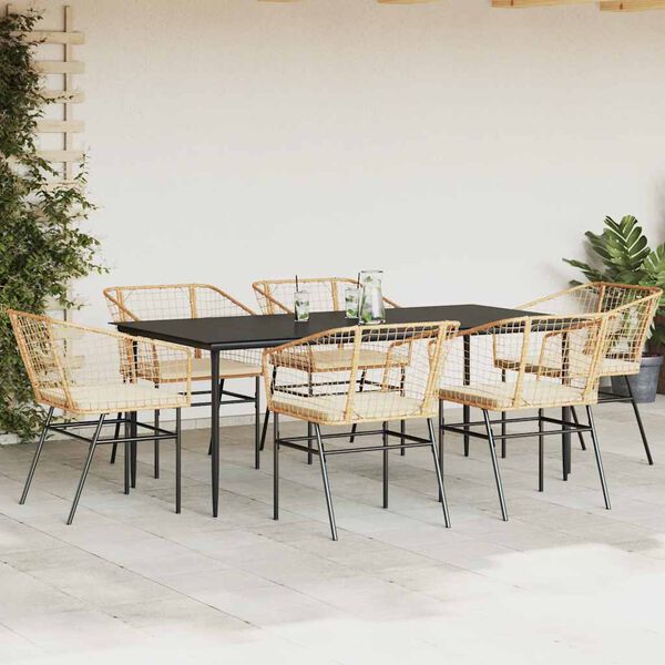 vidaXL 7-tlg. Garten-Essgruppe mit Kissen Braun Poly Rattan Glas