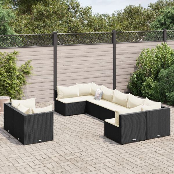 vidaXL 9-tlg. Garten-Sofagarnitur mit Kissen Schwarz Poly Rattan