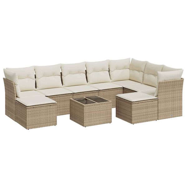 vidaXL 10-tlg. Garten-Sofagarnitur mit Kissen Beige Poly Rattan