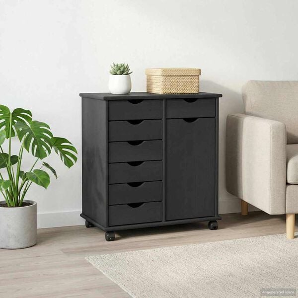 vidaXL Rollschrank Mit Rad Grau 63,5 x 39 x 65,5 cm Massivholz Kiefer