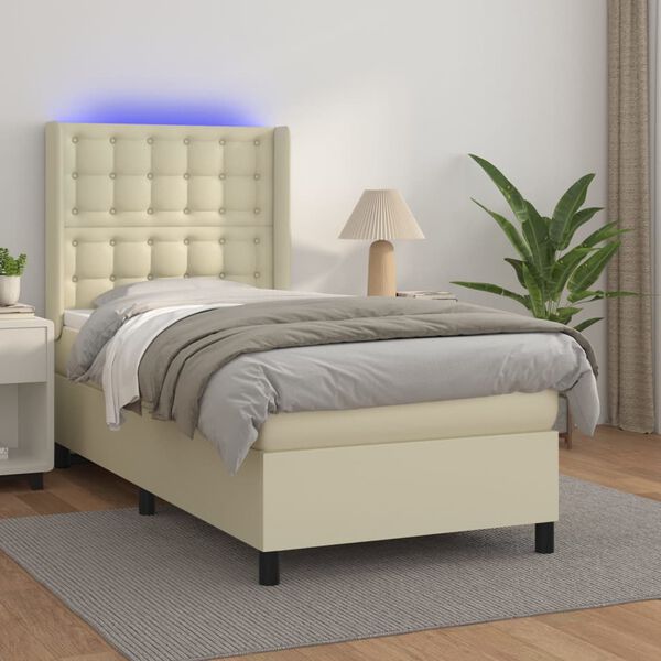 vidaXL Boxspringbett mit Matratze & LED Creme 90x190 cm Kunstleder