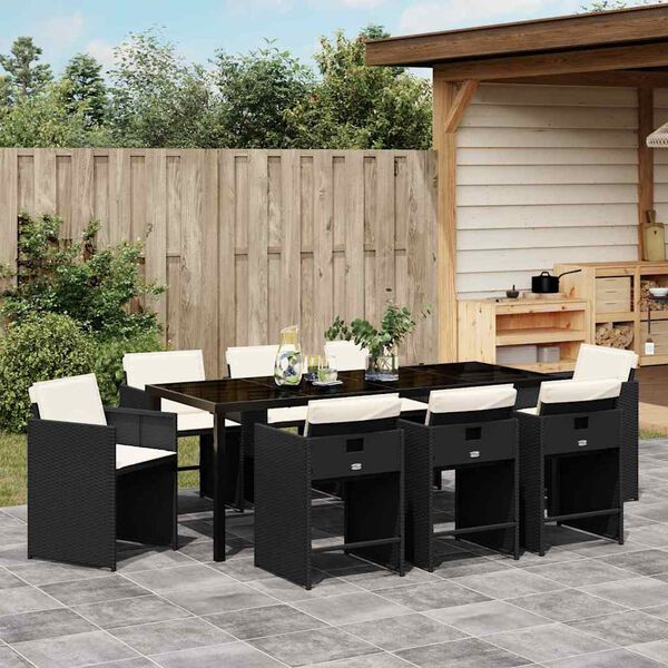 vidaXL Garten Essgruppe mit Kissen 9 pcs Schwarz Poly-Rattan