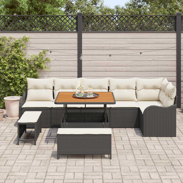 vidaXL Garten-Sofa-Set mit Kissen mit Speicher 9 pcs Schwarz und Creme