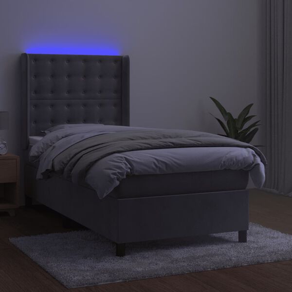 vidaXL Boxspringbett mit Matratze & LED Hellgrau 90x200 cm Samt