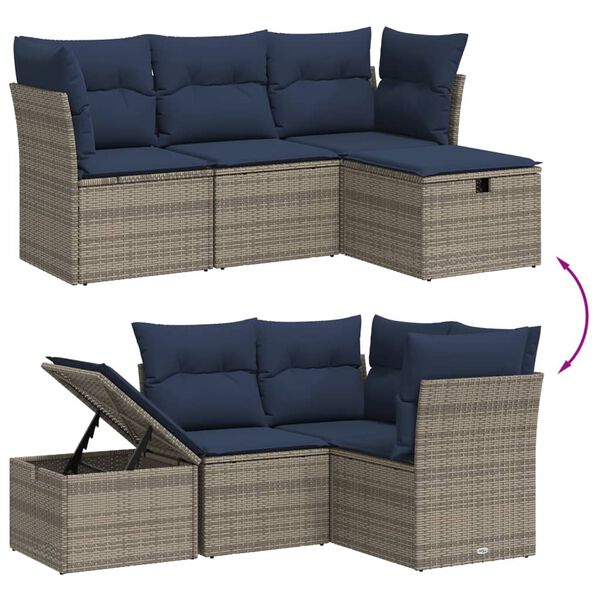 vidaXL 4-tlg. Garten-Sofagarnitur mit Kissen Grau Poly Rattan