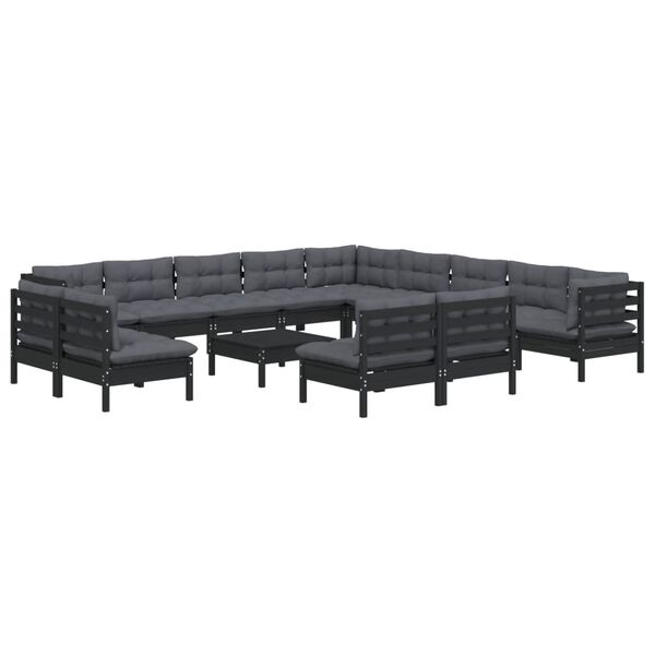 vidaXL 14-tlg. Garten-Lounge-Set mit Kissen Schwarz Massivholz Kiefer