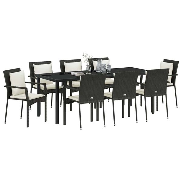 vidaXL Garten Essgruppe mit Kissen 9 pcs Schwarz Poly-Rattan