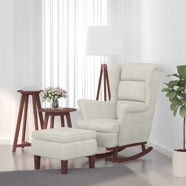 vidaXL Schaukelstuhl Ohrensessel Creme Samt und Massivholz