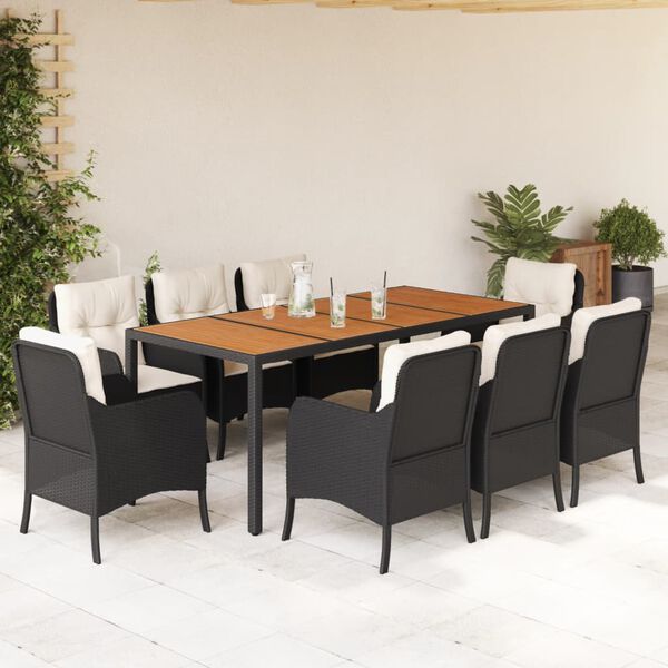 vidaXL 9-tlg. Garten-Essgruppe mit Kissen Schwarz Poly Rattan