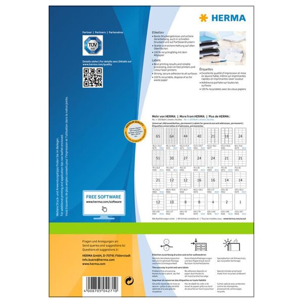 HERMA Etiketten PREMIUM Permanent Haftend A4 48,3x16,9 mm 100 Bl&auml;tter