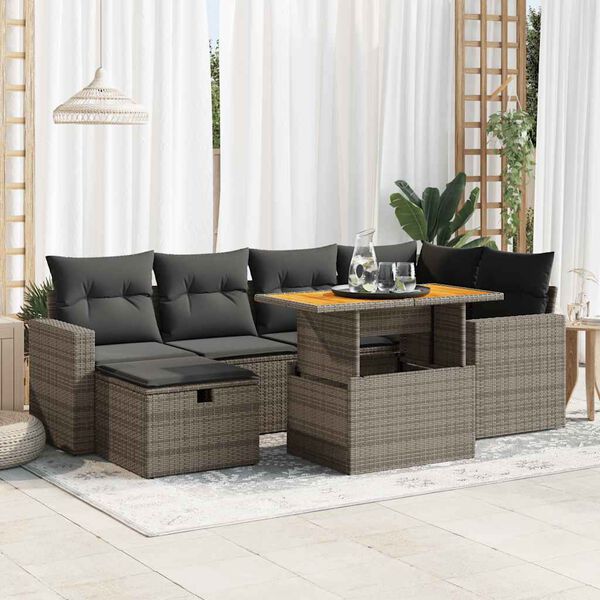 vidaXL 8-tlg. Garten-Sofagarnitur mit Kissen Grau Poly Rattan Akazie