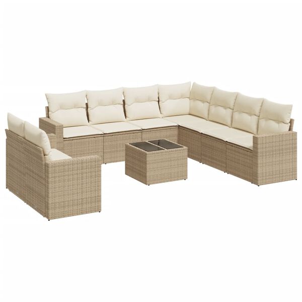vidaXL 10-tlg. Garten-Sofagarnitur mit Kissen Beige Poly Rattan