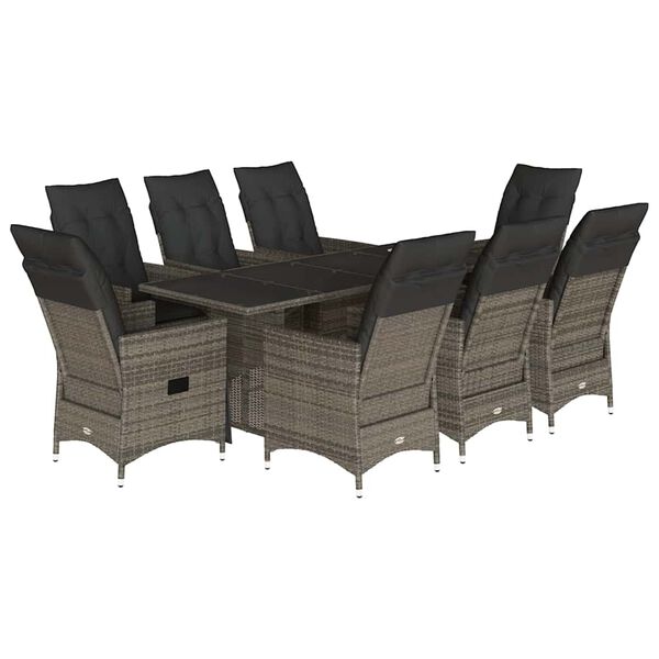 vidaXL 9-tlg. Garten-Essgruppe mit Kissen Grau Poly Rattan